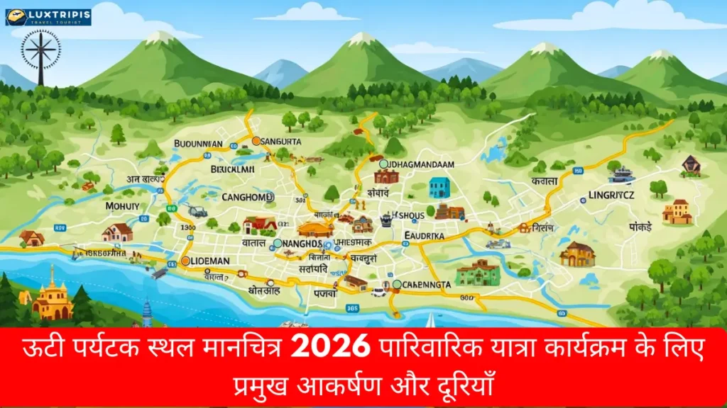 ऊटी पर्यटक स्थल मानचित्र 2026 पारिवारिक यात्रा कार्यक्रम के लिए प्रमुख आकर्षण और दूरियाँ
